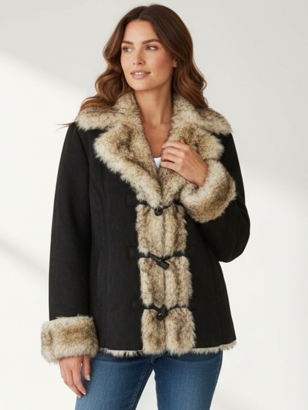 WHITE HOUSE BLACK MARKET ladies XL NWOT Black faux trim fur jacket